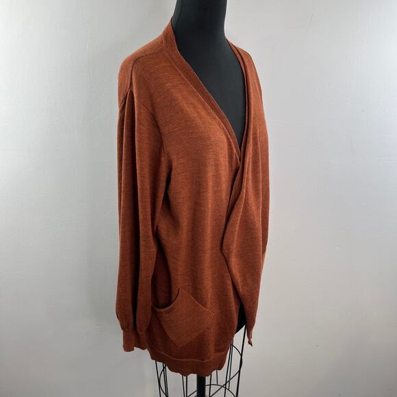 EILEEN FISHER Rust Wool Open Front Cardigan Wrap Pocket Long Sleeve Sweater M? - Picture 5 of 9